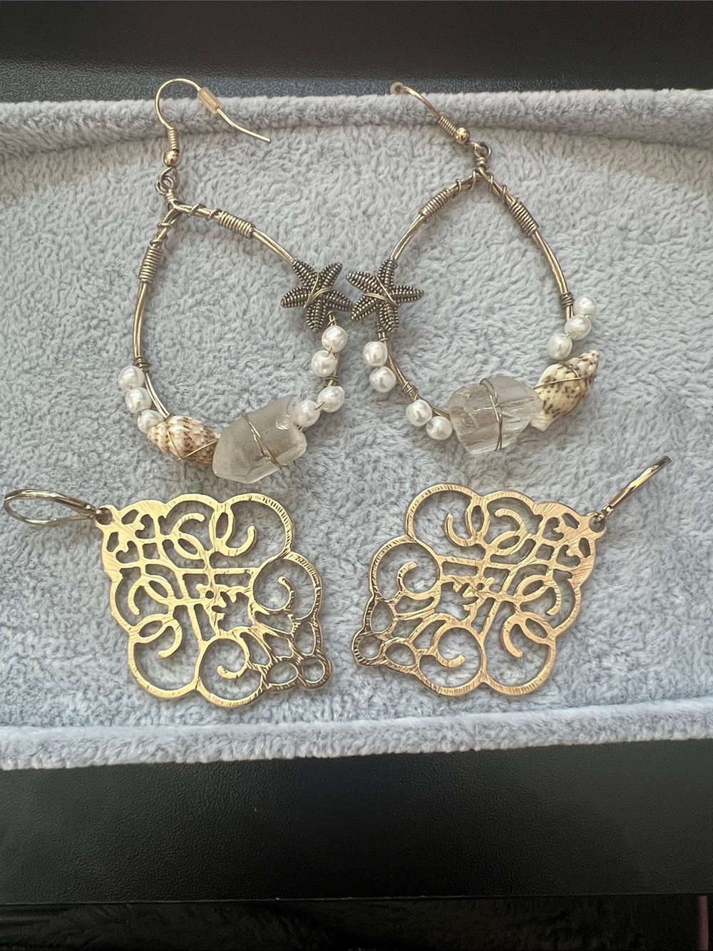Gold-Tone Starfish & Pearl Hoop Earrings - filigree gold earring- 2 pair